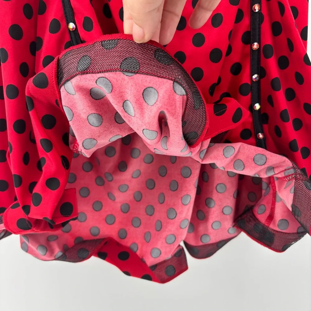 Ladybug Red Black Polka Dot Rhinestone Open Back Dance Costume Large Girls